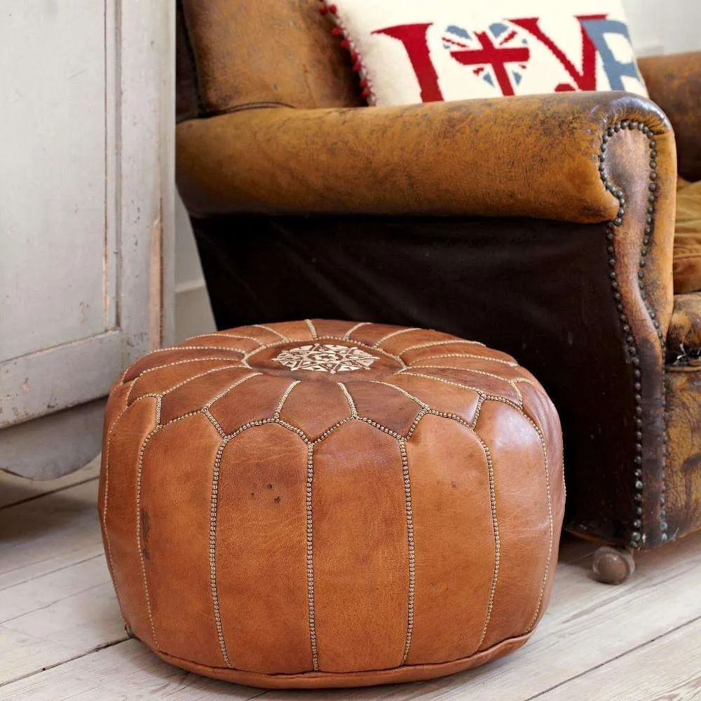 Tan Brown Moroccan Leather Pouf