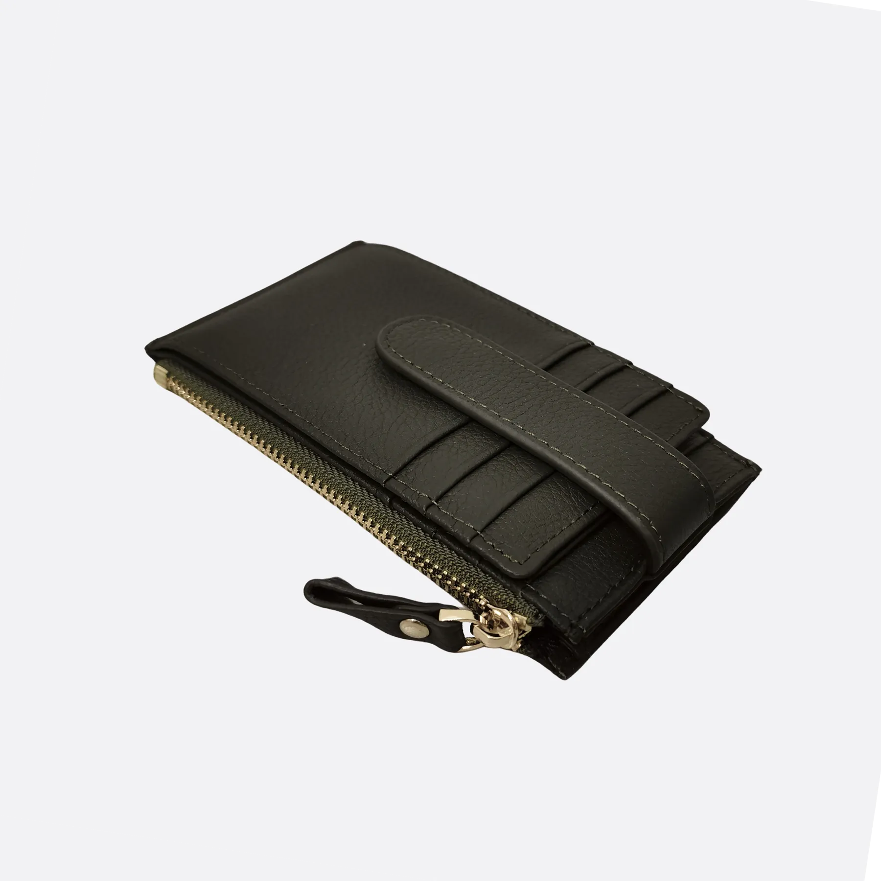 Unisex cowhide leather card holder with buckle and zip